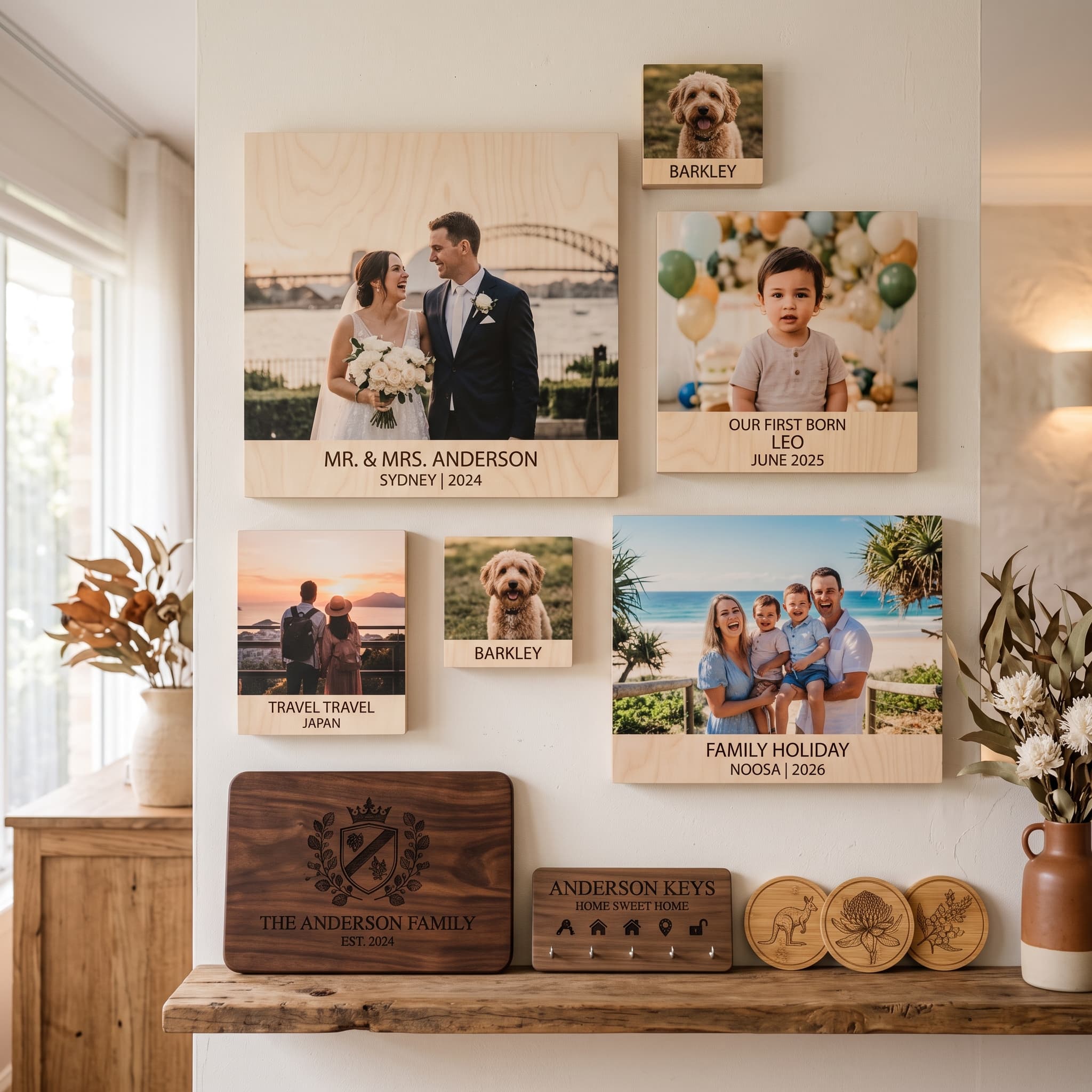 Handmade personalised prints at a Sydney wedding — laser-engraved acrylic place cards on cream linen with native blooms